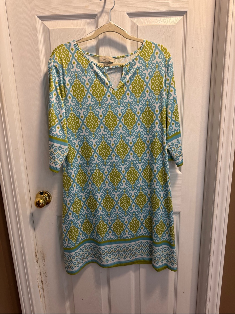 Charlie Paige Blue Green Ikat Geometric Print 3/4 Sleeve Shift Dress Size L